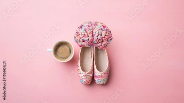 Fototapeta Absurd brainrot collage with espresso, ballet shoes, and pixelated memes