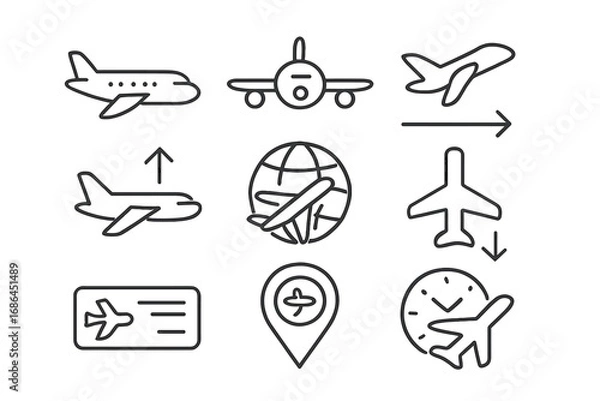 Fototapeta Airplane line icon pack. Aviation and travel symbols set. Includes flight, takeoff, landing, airport location, boarding pass, destination, and flight time vector icons.