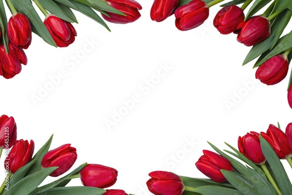 Obraz Red tulips form a frame around a black background