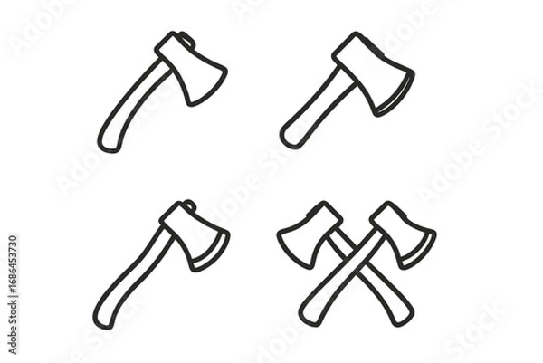 Obraz Set of axe line icons. Hatchet, tomahawk vector graphic collection. Minimal linear pictogram bundle. Crossed axes. Lumberjack, woodcutter tool symbol for web, app, logo.