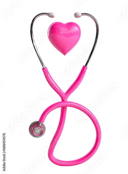Fototapeta Pink stethoscope with heart-shaped accessory.  A bright, vibrant pink stethoscope is centrally positioned against a black background.  A glossy pink heart is attached to the stethoscope's binaurals.