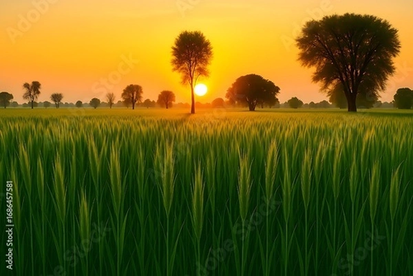 Fototapeta A golden sunset illuminates a peaceful rural field, where tall crops sway gently and scattered trees silhouette against the fading light