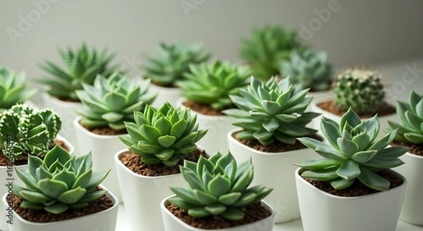 Fototapeta A calming display of diverse succulents, each pot a quiet celebration of nature’s geometry and the art of mindful living