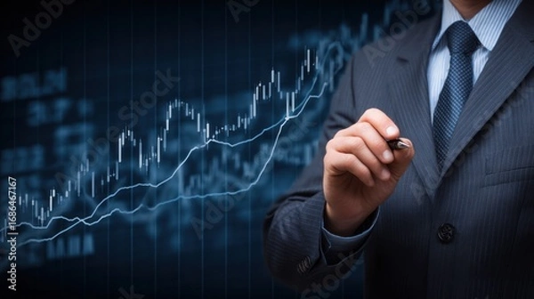 Fototapeta Businessman pointing at a financial graph with rising trend on a dark background.