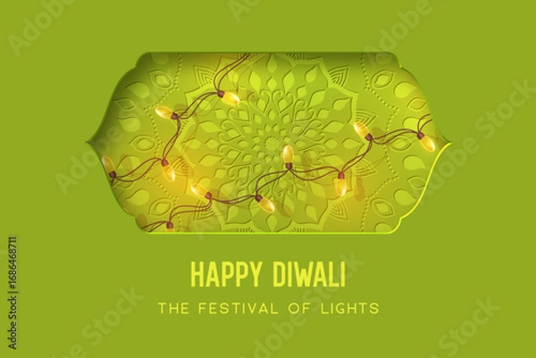 Fototapeta Happy Diwali Festival of Lights greeting card with glowing diya lamps and garlands in 3D layered green arch with mandala pattern, festive background for holiday celebration. Vector illustration.