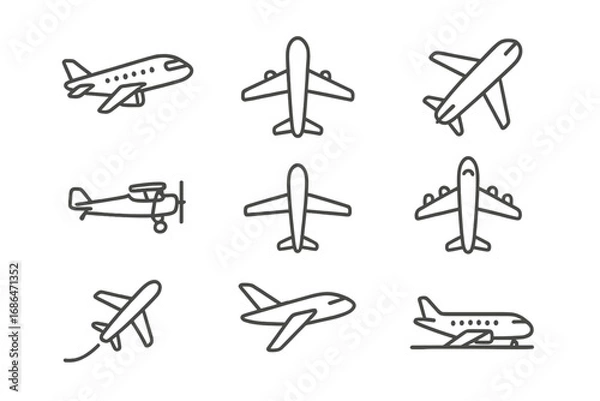 Fototapeta Airplane line icon set. Simple travel & transport symbols. Aviation pictograms for web & graphic design. Vector collection of flying jets, takeoff, & landing outline signs.