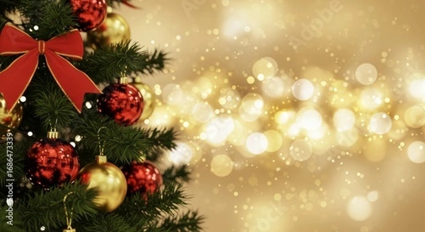 Fototapeta A festive Christmas tree with blurred bokeh lights.
