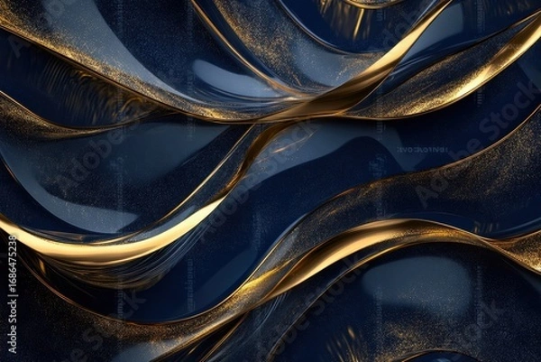 Fototapeta high detail visual of Luxury background in dark blue and gold colorwith wave shiny geometric futuristic ornament