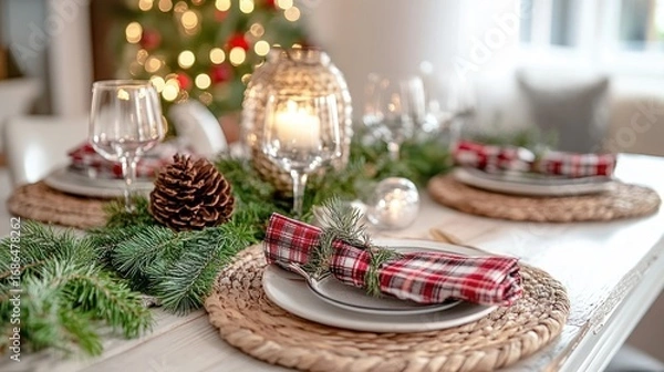 Fototapeta Cozy Christmas Table Setting with Evergreen Garland and Soft Candlelight