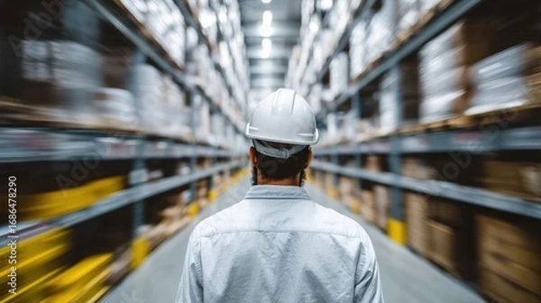 Fototapeta Man in hard hat walks through warehouse with shelves full of boxes.