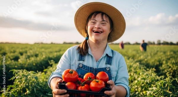 Fototapeta A woman farmer with down syndrome holding a crate of fresh red tomatoes in a sunny field. Agriculture and farming.