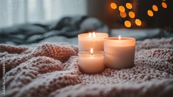 Fototapeta Warm Candles Flickering on a Cozy Knitted Blanket with Bokeh Lights