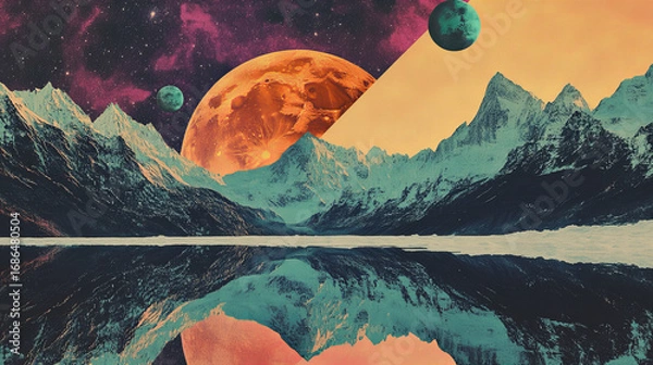 Fototapeta Surreal Abstract Landscape Collage with Colorful Mountains, Reflections, and Cosmic Planets in Fantasy Sky