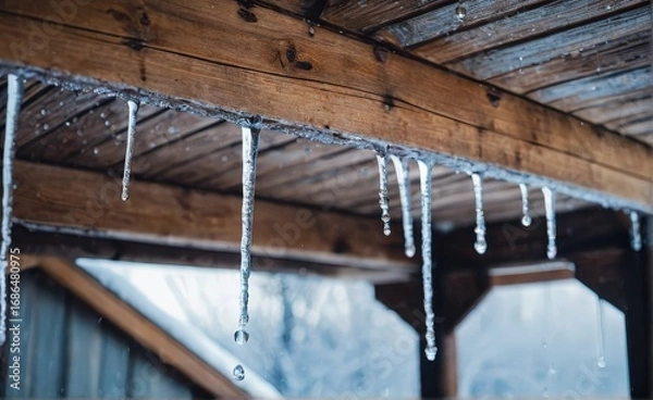Fototapeta Icicles hanging from wooden beams create a stunning winter scene, showcasing the beauty of nature and the intricate details of frozen water droplets in a serene environment	