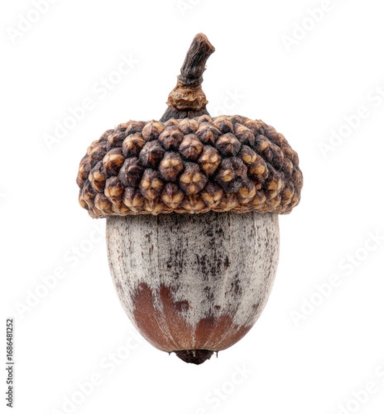 Fototapeta Close-up of a single acorn.  Mature nut with a rough, mottled, light brown/gray cap and a darker brown base.  Small, textured, dark brown bumps on the cap.  Isolated on a black background
