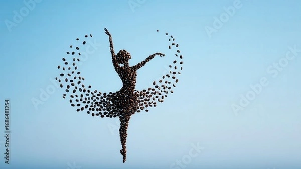 Fototapeta Floating coffee beans forming a ballerina silhouette in the sky