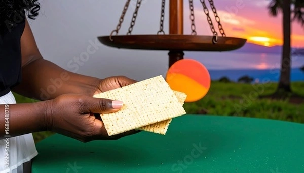 Fototapeta Woman holding matzah against a backdrop of a scale and sunset over water