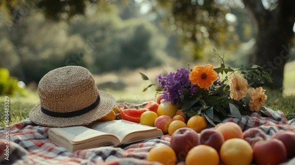 Fototapeta Summertime Picnic Blanket with Straw Hat, Open Book, and Fresh Fruits