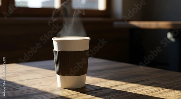 Fototapeta A steaming coffee cup rests on a sunlit wooden table, capturing the warmth and simplicity of a cozy café moment