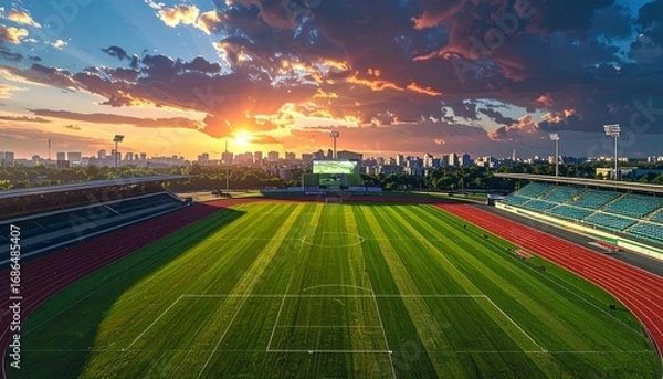 Fototapeta Aerial view of a stadium at sunset, showcasing a vibrant green field and surrounding cityscape.