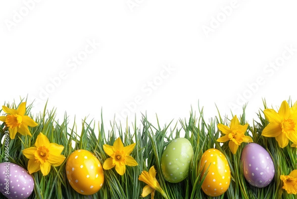 Fototapeta Easter eggs and daffodils in grass border