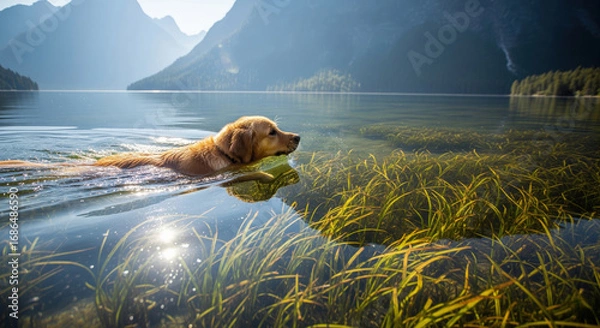 Obraz A Golden Retriever dog swims in a lake.
