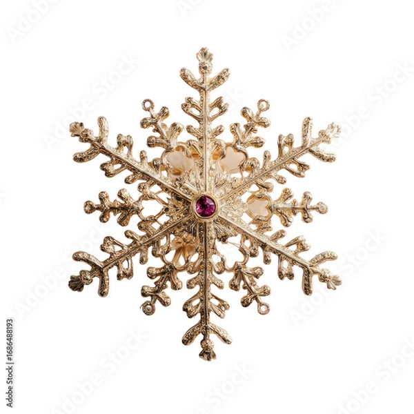 Obraz Detailed gold-colored snowflake ornament with a red gem