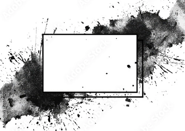 Obraz Abstract black and white image with a blank rectangular frame.  Splashes of ink or paint surround a clean, white, rectangular area