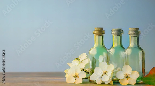 Fototapeta Minimalist spring decoration with delicate apricot blossom branches in clear glass bottles on a bright background, natural floral still life with soft light and shadows