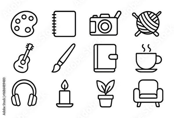 Fototapeta Creative Hobby Icons. Outline icon set of solo creative time: paint palette, notebook, camera, knitting yarn,