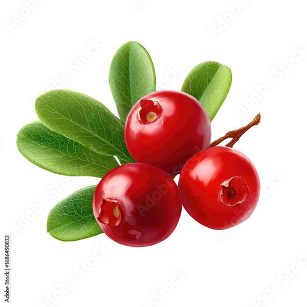Obraz Close-up of three vibrant red cranberries on a stem with green leaves