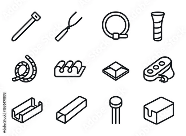 Obraz Cable Management Icons. Outline icon set of cable management tools: cable tie, twist tie, Velcro band, cord