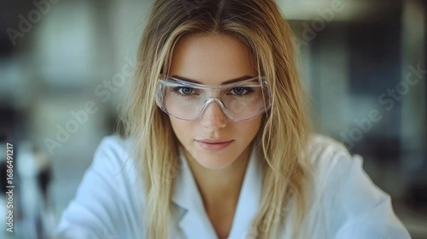 Fototapeta Close-up of a Focused Woman in Safety Goggles in a Science Lab