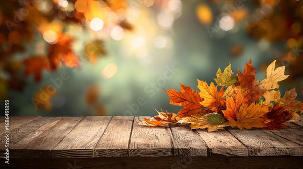Fototapeta Autumn background with colorful fall leaves on rustic wooden table against blurred forest bokeh, seasonal nature still life with warm golden tones