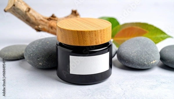 Obraz Black Balm Jar Mockup with Wood Lid on Slate Stones
