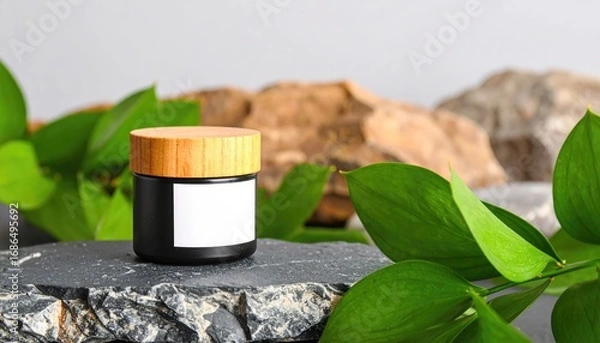 Obraz Black Balm Jar with Wood Lid on Slate Rocks and Greenery