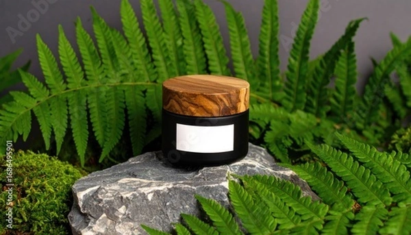 Obraz Black Balm Jar with Wooden Lid on Rocks and Ferns