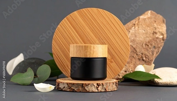Obraz Black Balm Jar with Wooden Lid on Slate Base