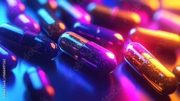 Fototapeta Vibrant Capsules Illuminated by Neon Lights Creating a Futuristic Look