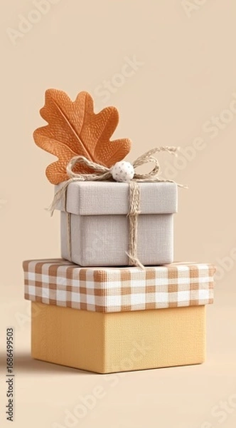 Obraz Charming Gift Boxes Stacked with Autumn Leaves on a Soft Beige Background
