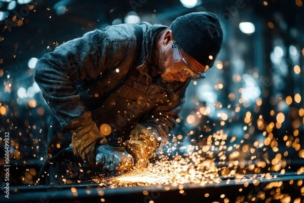 Fototapeta Focused factory worker using angle grinder on metal surface, wearing protective gear, as bright sparks fly in a dim workshop.