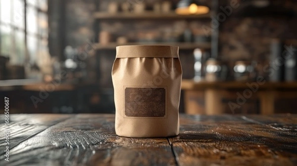 Fototapeta Kraft Paper Bag with Blank Label on a Rustic Wooden Table in a Cafe