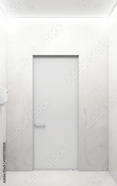Obraz Minimalist white hallway with a modern door and clean marble-like walls. A bright, sleek, and hygienic space reflecting contemporary interior design and functionality