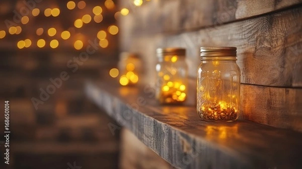 Fototapeta Cozy Mason Jars with Warm String Lights on a Rustic Wooden Shelf