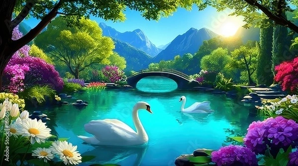 Obraz Serene Swans Swimming Gracefully in a Lush Garden Oasis Under a Bright Sun
