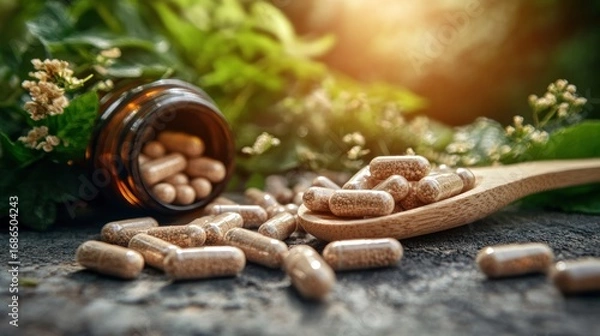 Fototapeta Natural Herbal Capsules, Bottle, and Spoon on Rustic Surface with Foliage