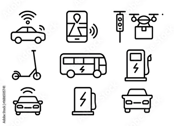 Fototapeta Transport IoT Icons. Outline icon set of IoT in transportation: connected car, GPS navigation, smart traffic
