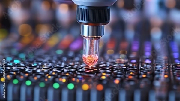 Fototapeta Automated Scientific Analysis: Robot Arm and Glowing Liquid Samples