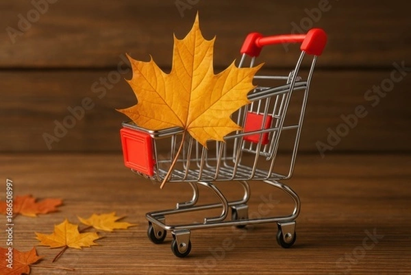 Fototapeta Autumn shop online. Shopping cart with a maple leaf, symbolizing autumn and seasonal shopping trends.