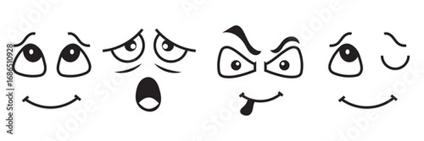 Fototapeta Cartoon faces showing different emotions illustration. Big eyes and expressive mouths displaying various emotions like happy, surprised, sad, and playful for design use. Cartoon face icon.


